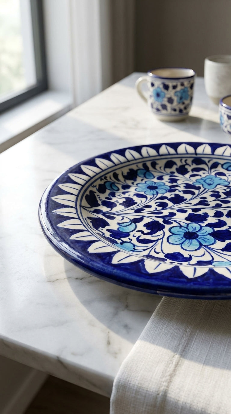 Handcrafted Blue Pottery Flat Serving Plate