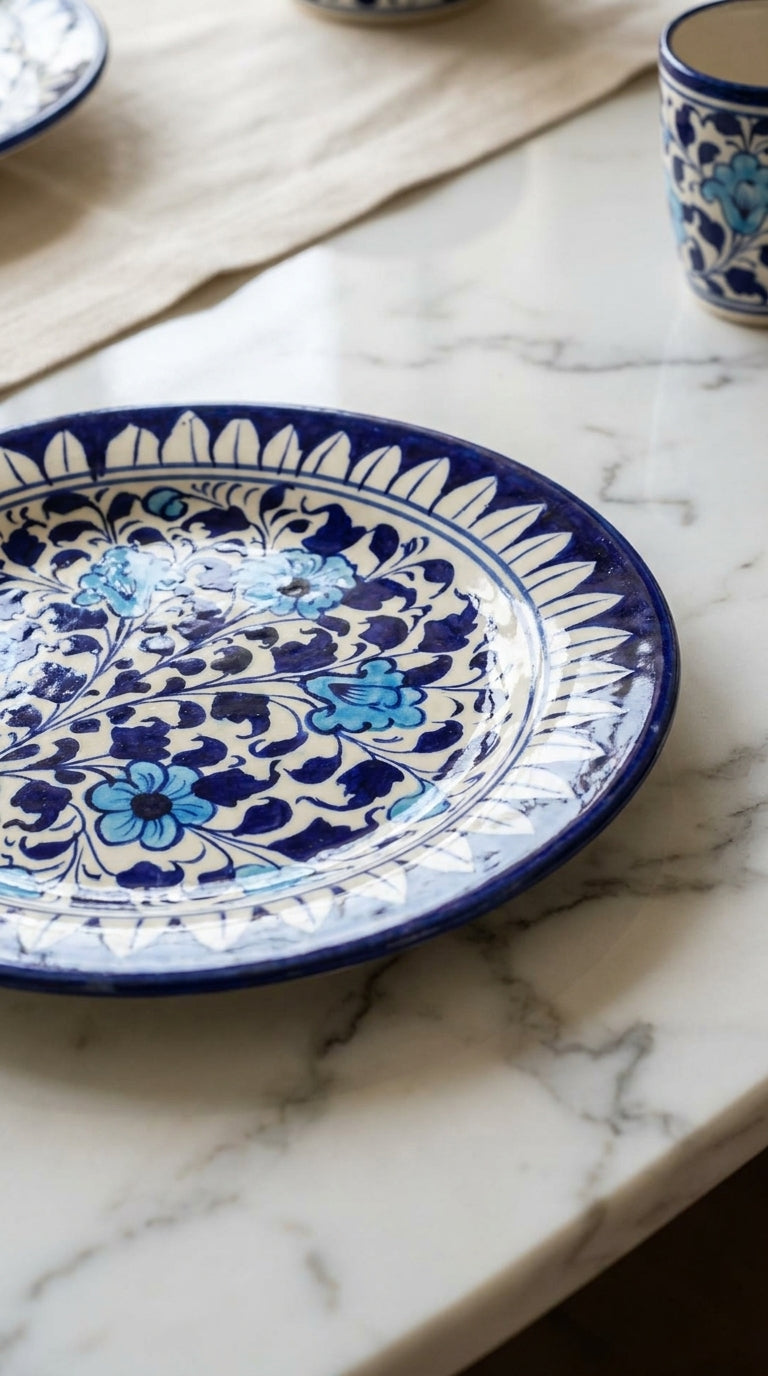 Handcrafted Blue Pottery Flat Serving Plate