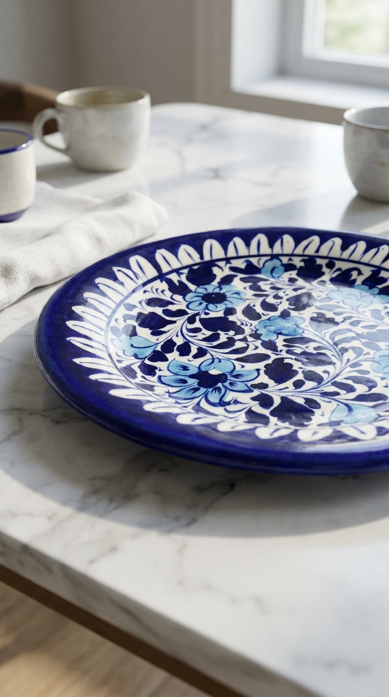 Floral Pattern Blue Pottery Flat Plate