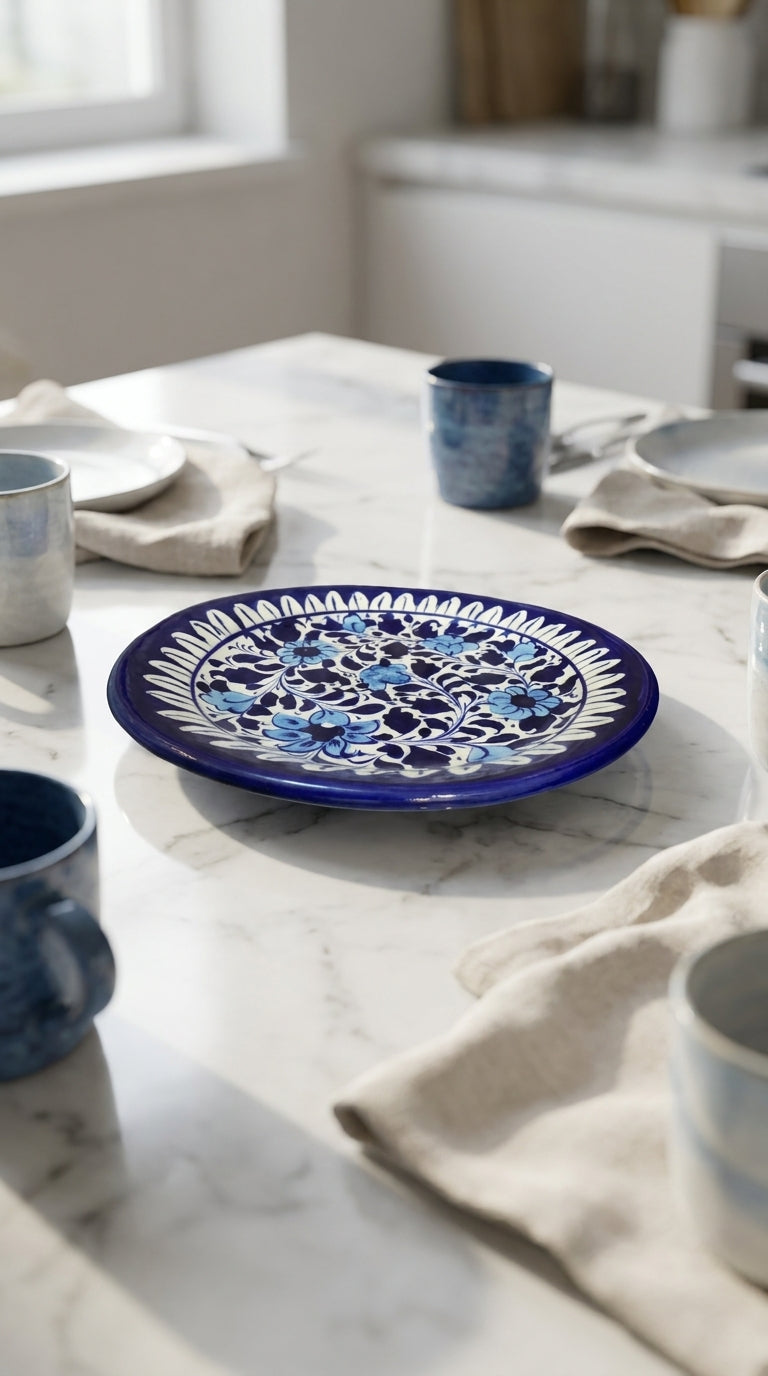 Floral Pattern Blue Pottery Flat Plate