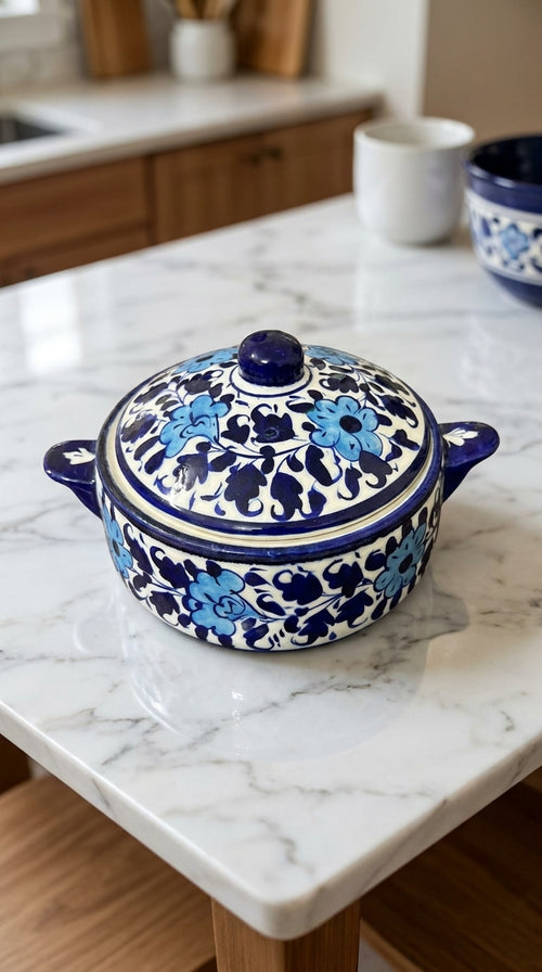 Blue Pottery Round Bowl with Lid and Handles