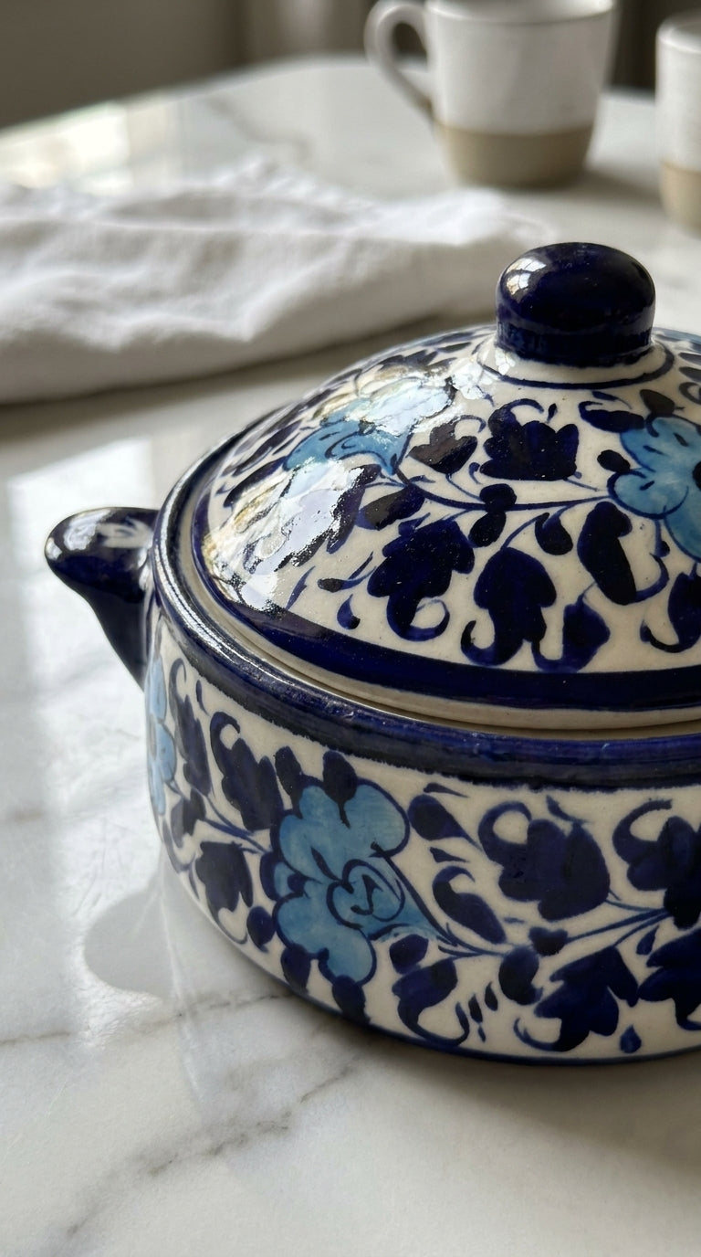 Blue Pottery Round Bowl with Lid and Handles