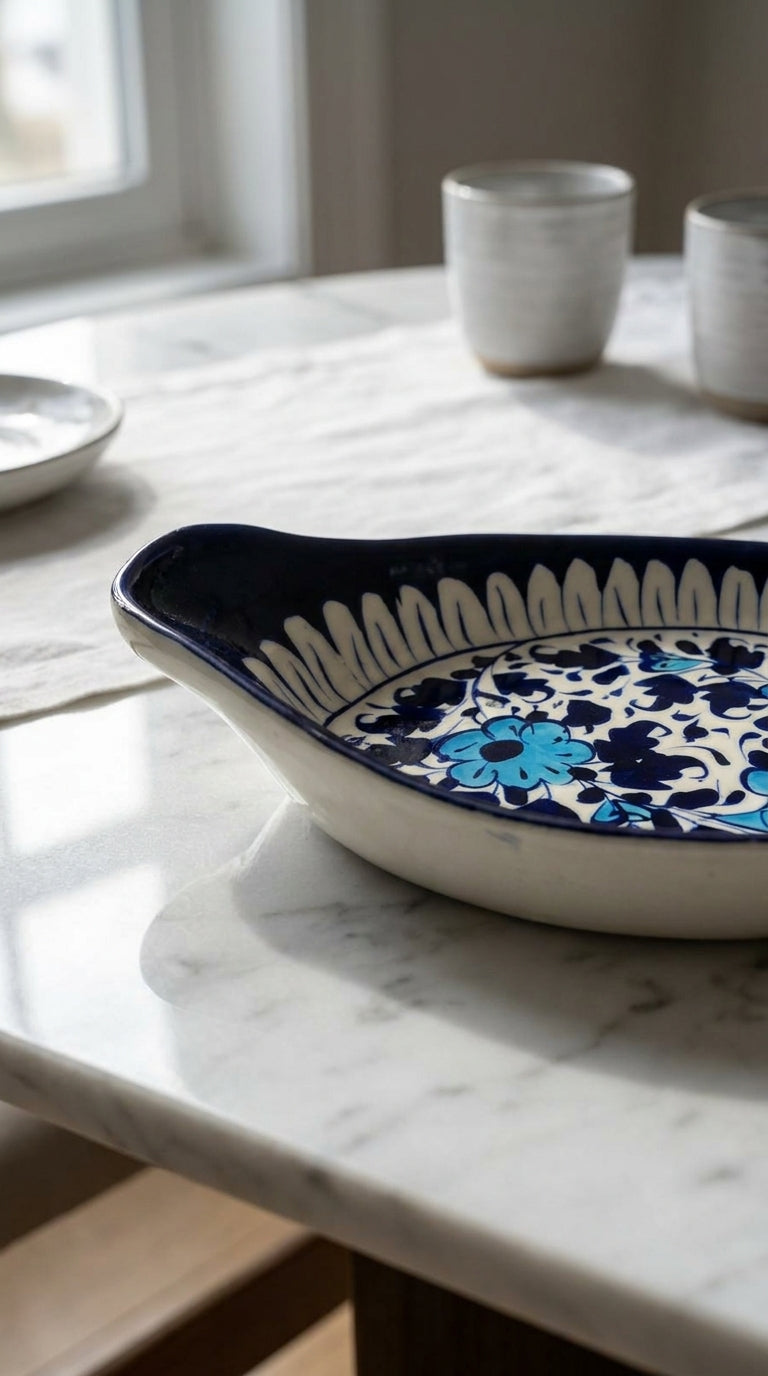 Blue Pottery Serving Tray with Handles
