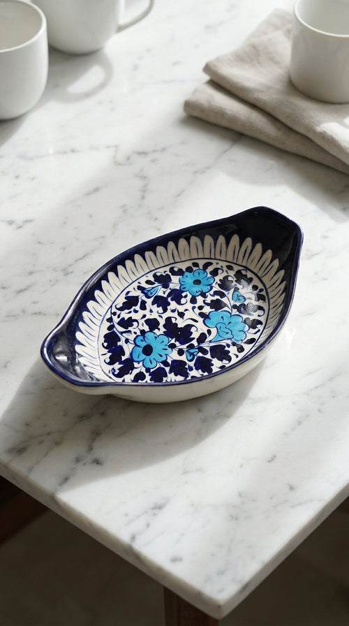 Blue Pottery Tray with Handles