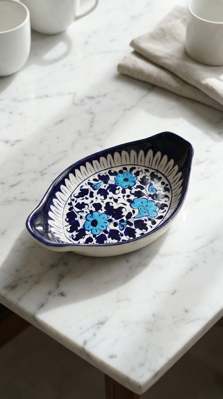 Blue Pottery Tray with Handles