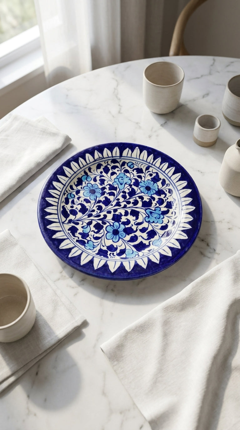Handcrafted Blue Pottery Flat Serving Plate