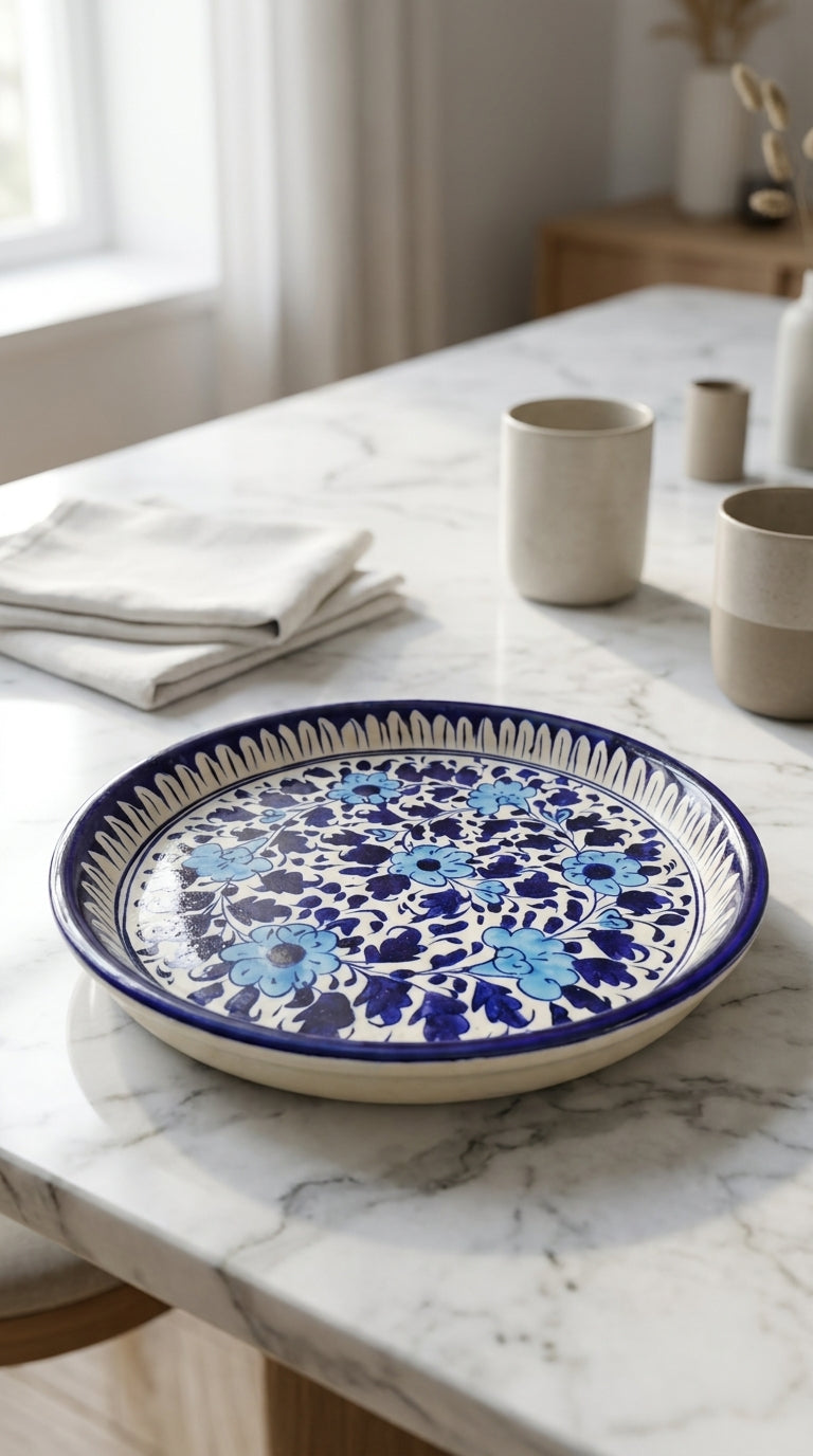 Floral Pattern Blue Pottery Deep Round Platter