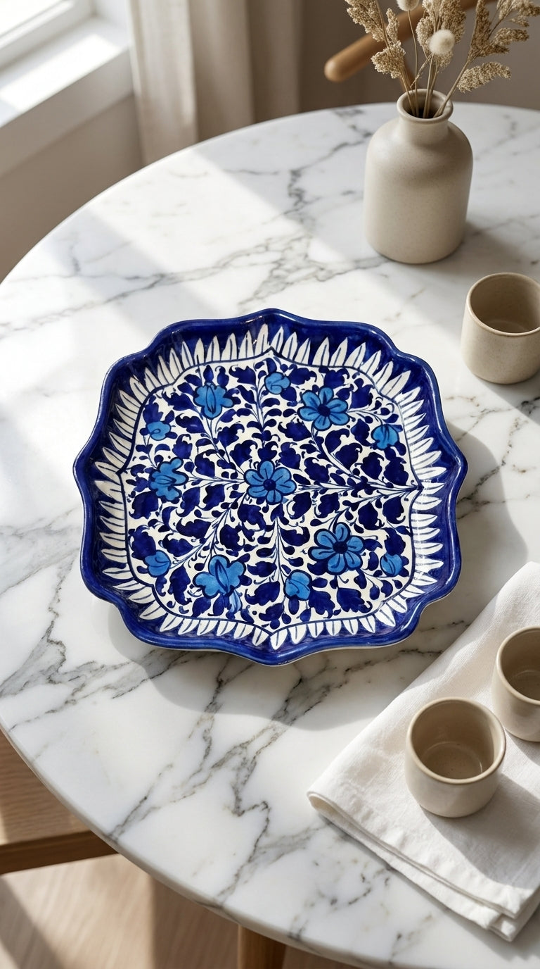 Square Blue Pottery Serving Platter
