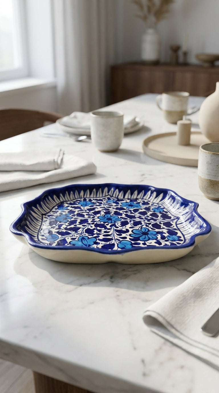 Square Blue Pottery Serving Platter