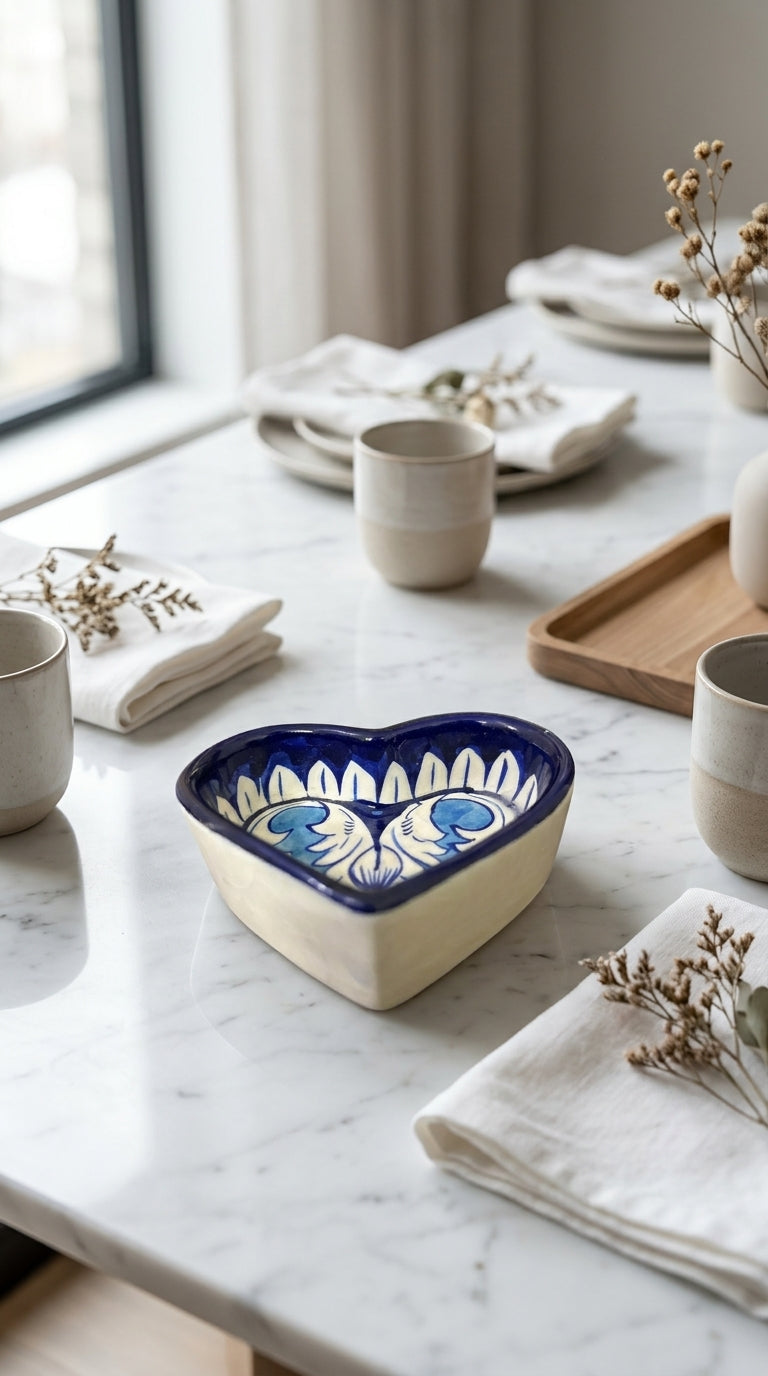 Handcrafted Blue Pottery Heart-Shaped Bowl