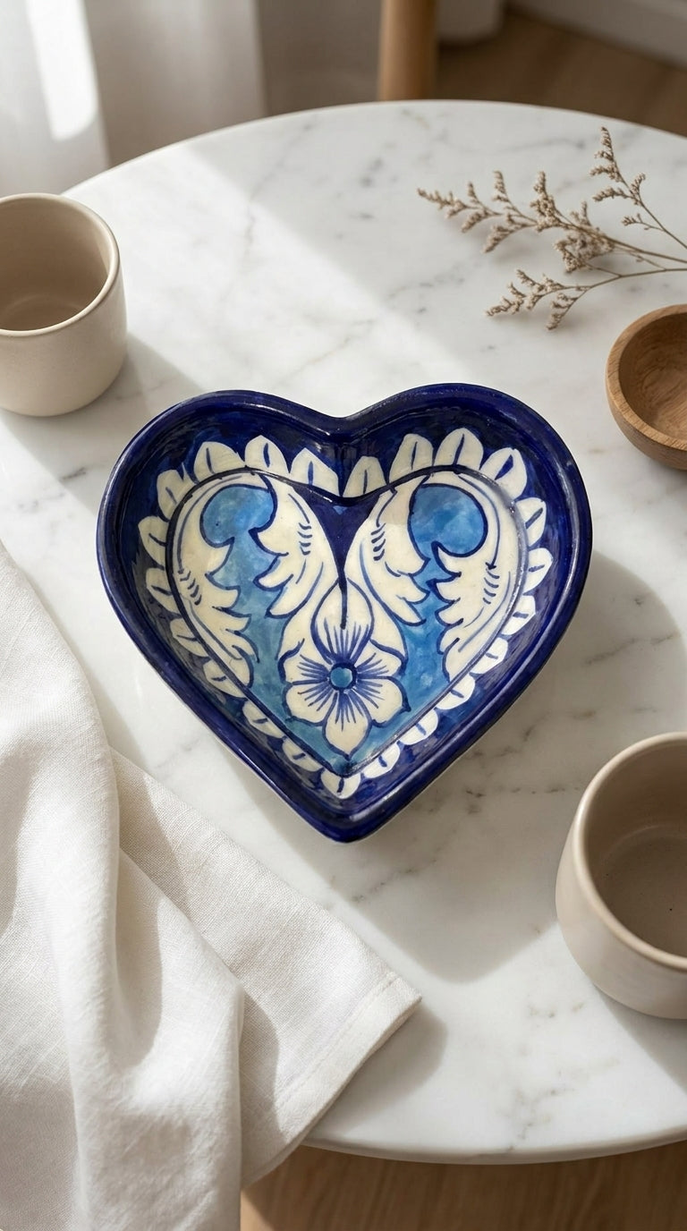Handcrafted Blue Pottery Heart-Shaped Bowl