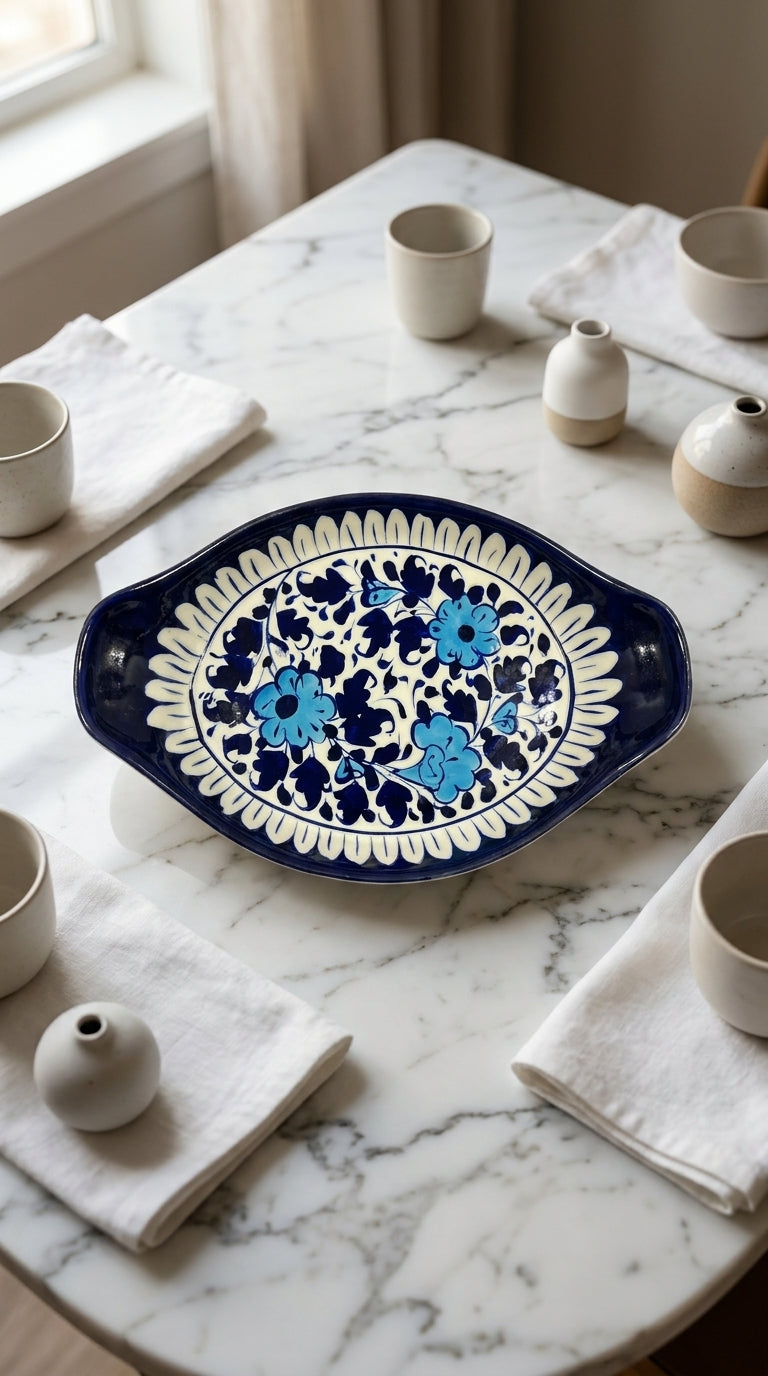 Blue Pottery Serving Tray with Handles