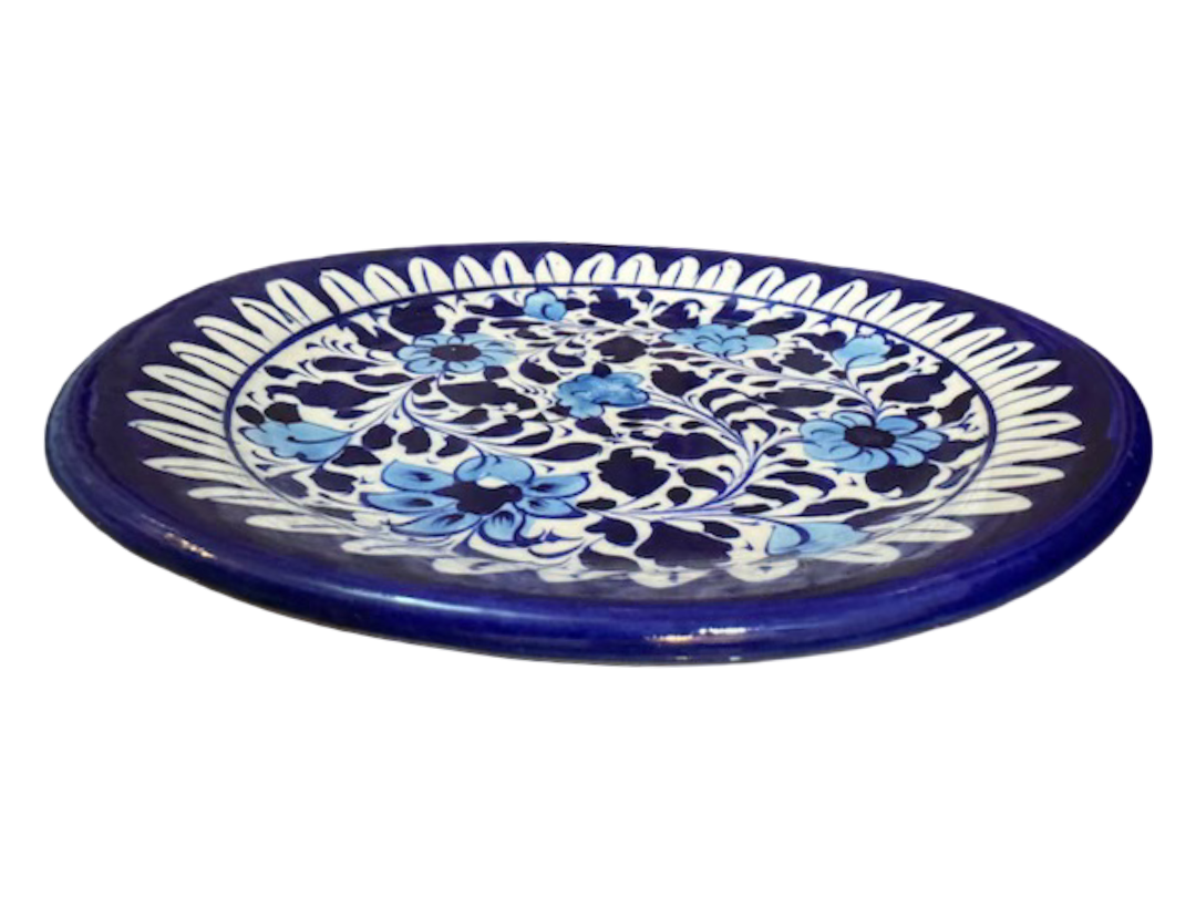 Floral Pattern Blue Pottery Flat Plate
