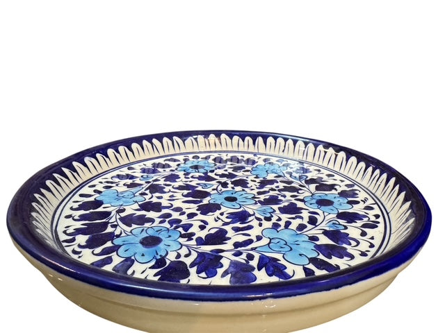 Floral Pattern Blue Pottery Deep Round Platter
