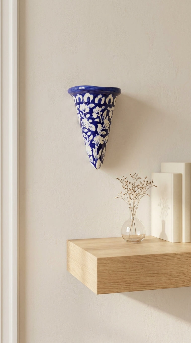 Blue Pottery Cone Shaped Wall Planter