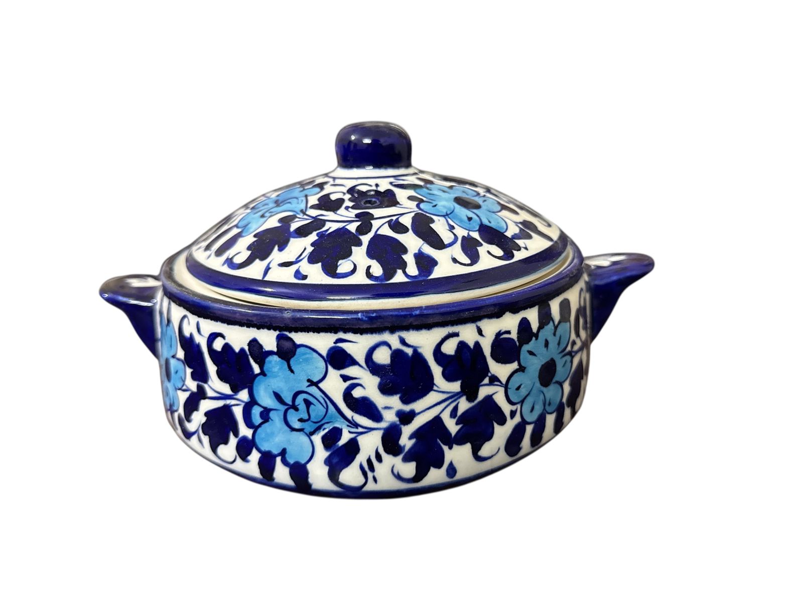 Blue Pottery Round Bowl with Lid and Handles