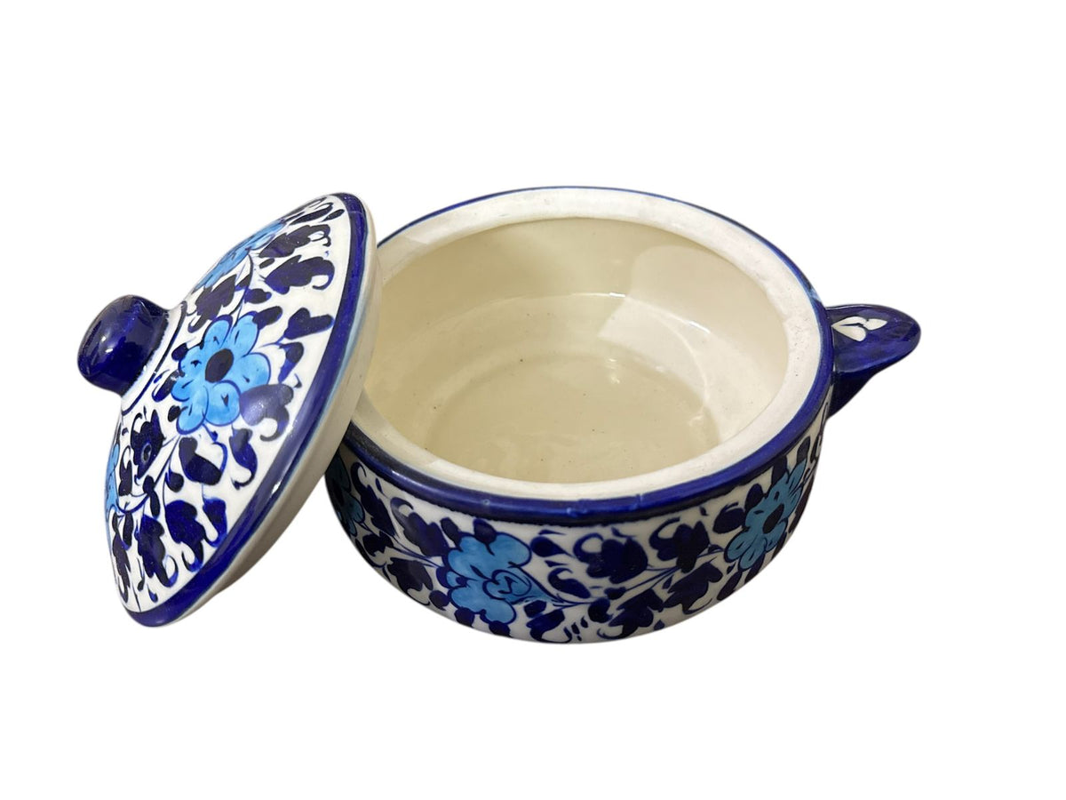Blue Pottery Round Bowl with Lid and Handles