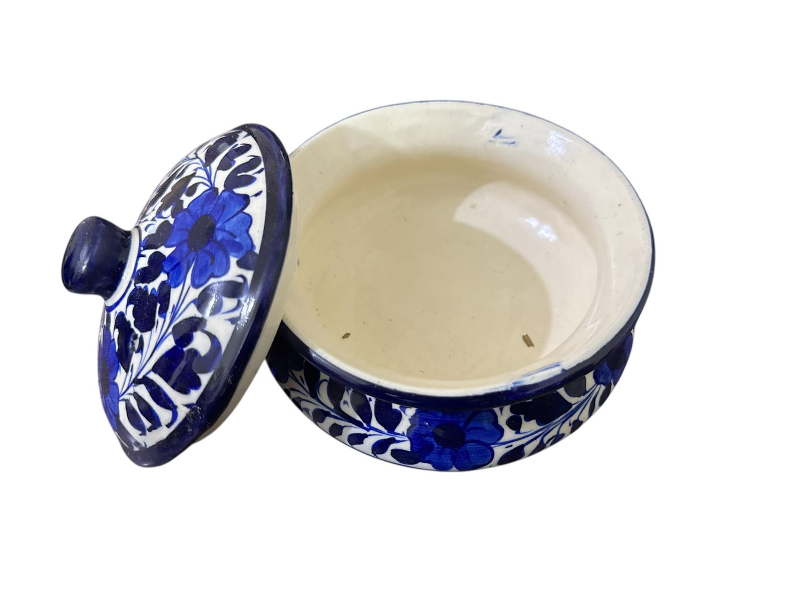 Blue Pottery Round Bowl with Lid and Handles